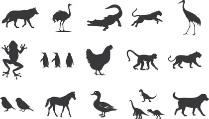 15+ Different animal silhouette set collection. Animal vector black and white editable eps file. Alligator, Amphibian, Chicken, Dinosaur, Dog, graphic, Duck, Horse, Monkey, Old Word