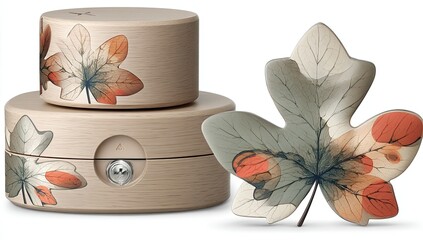 Two light beige wooden containers, stacked, featuring autumnal leaf designs.  A single, larger leaf is displayed beside them