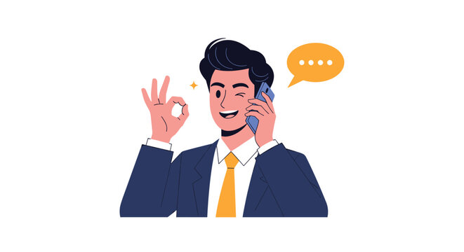 Confident businessman on a phone call signaling approval with a positive gesture and a speech bubble indicating conversation and understanding