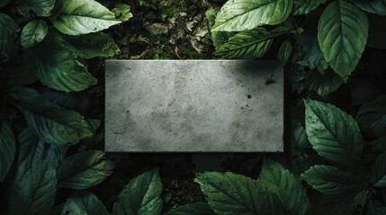 A gray rectangular slab nestled within a vibrant green foliage
