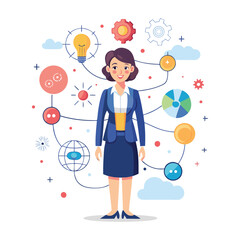 Professional Businesswoman Creating Strategic Mind Map for Brainstorming, Planning, and Problem Solving – Flat Vector Illustration for Office, Corporate Training, and Business Presentation