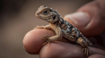 Close-up of small horned lizard perched on human fingers, detailed texture and earthy tones, wildlife macro photography highlighting reptile and natural environment  
