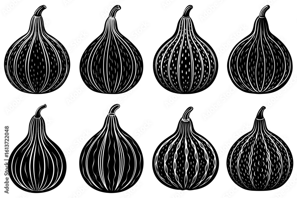 Aufkleber eight black and white figs in two rows with detailed line work and varying patterns on each fruit