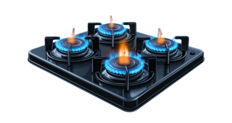 A gas stovetop with burners, on a transparent background. cutout PNG