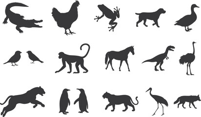 15+ Different animal silhouette set collection. Animal vector black and white editable eps file. Alligator, Amphibian, Chicken, Dinosaur, Dog, graphic, Duck, Horse, Monkey, Old Word
