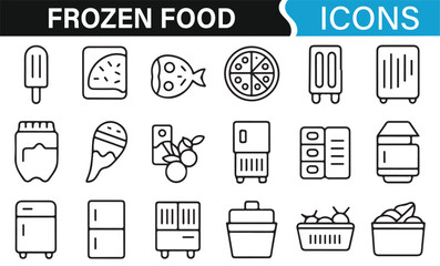 Icon Set Featuring Frozen Foods, Ice Cream, and Freezer Storage