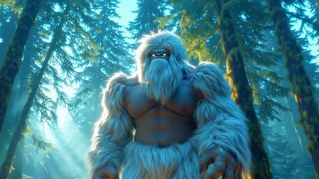 Furry white creature with muscular build walking through misty evergreen forest with sunlight rays. Powerful mythical beast moving forward on forest path.
