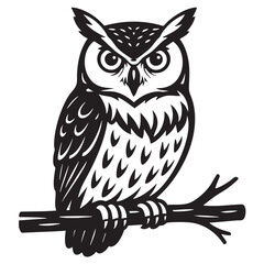 Naklejka premium Detailed Black and White Illustration of an Owl Perched on a Branch Staring Forward Intensely