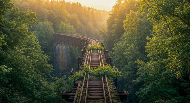 Abandoned railway tracks surrounded by lush trees and misty mountains at sunrise - Powered by Adobe
