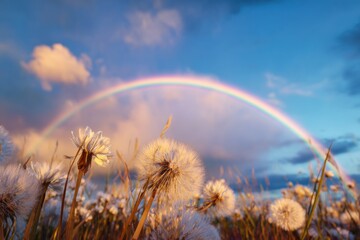 Vertical pastel rainbow over dandelion field with golden sunlight, soft clouds for wellness branding, book covers, spring campaign posters