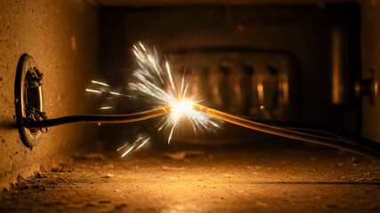 Electrical wires sparking inside an electrical box on a dark background  