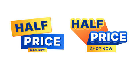 Half Price Discount Sale Banner Text with Shop Now Button, Yellow and Blue Gradient Typography for Ecommerce, Flash Sale, Clearance, Price Drop, and Promotional Campaigns