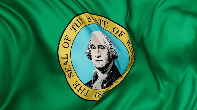 Washington US state flag swaying in the wind, looped endless cycled video, completely full screen covers flag background