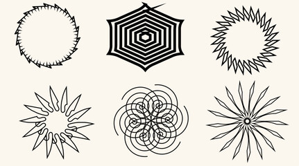Abstract radial shape collection featuring sunburst, spiral, mandala, and geometric flower designs. Black vector set for stickers, tattoos, overlays, logos, and decorative branding elements.