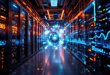 Futuristic server room with glowing displays and holographic projections.