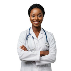 Smiling african american female doctor wearing white coat and stethoscope with arms crossed isolated on transparent background