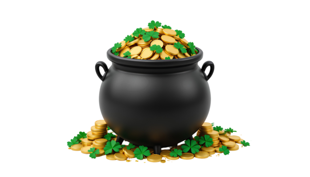 Black Cauldron Overflowing with Gold Coins – Stacked Treasure with Green Four-Leaf Clovers Isolated on Transparent Background