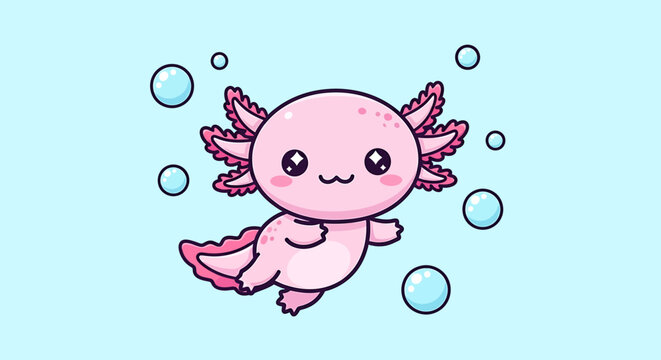 Cute cheerful axolotl floating gently among pastel bubbles in kawaii vector style