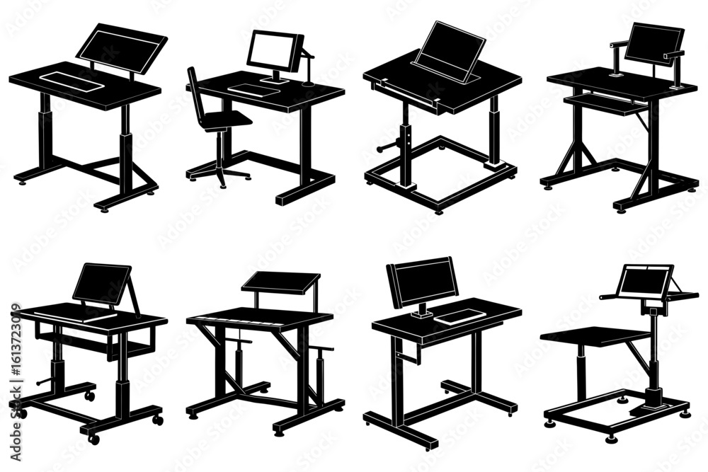 Poster silhouette illustration showcasing eight different adjustable standing desks with computer setups pr