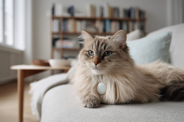 fluffy cat lounging comfortably on stylish sofa with popup health status displaying green indicating wellness
