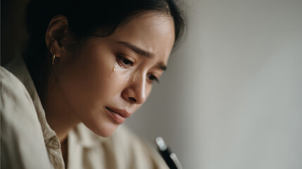 woman with puffy eyes and wet cheeks sits quietly writing in her diary against clean solid background