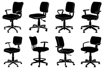 Obraz premium Eight black office chairs with varying designs and adjustable features in a symmetrical arrangement