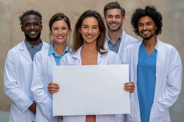 Group of diverse doctors smiling while holding blank sign outdoors