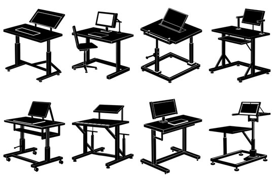 Silhouette illustration showcasing eight different adjustable standing desks with computer setups present