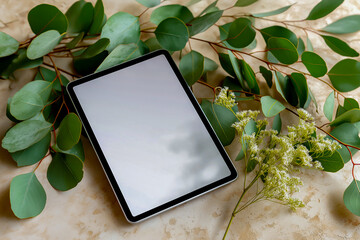 Modern tablet device placed on marbled surface with eucalyptus leaves. Mock up