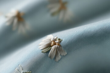 delicate fabric featuring angel embroidery in soft pastel shades set against calm monochrome background