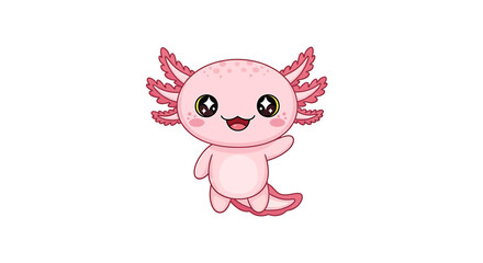 Kawaii pastel pink axolotl sticker waving tiny arm with cheerful smiling face