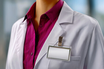 Medical professional wearing white coat with empty name badge  