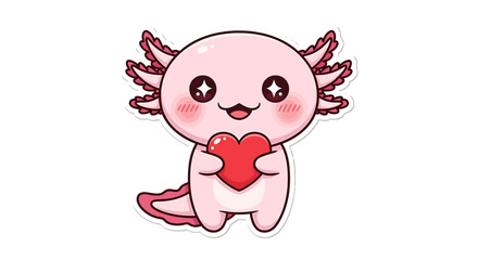 Chibi kawaii pink axolotl sticker holding red heart with joyful smiling face
