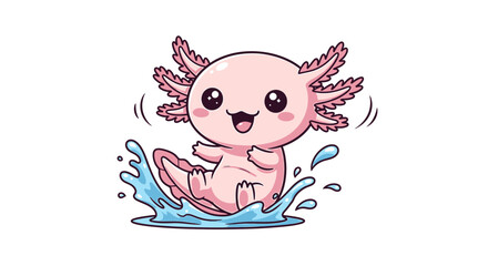 Pastel kawaii axolotl character splashing water joyfully with bright happy expression