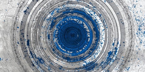 Circular design showcases intricate details and dynamic blue splashes, reflecting urban culture's influence on identity and artistic expression in contemporary settings