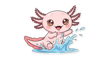 Happy pastel pink kawaii axolotl sticker splashing water with cheerful smiling face