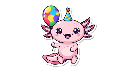 Pastel kawaii axolotl character wearing hat holding balloon with joyful smiling face