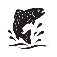 Black Silhouette of a Leaping Trout with Water Splashes Isolated on a White Background stylized