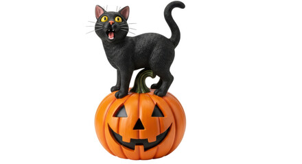 Isolated Black Cat on Pumpkin