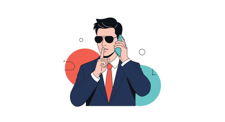 Discreet professional engaged in a confidential conversation while making a gesture for silence and wearing sunglasses and a suit