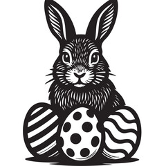 Black and White Easter Bunny with Decorated Eggs Illustration for Holiday Greetings and Celebrations stylized