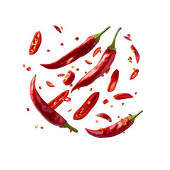 Falling hot chilies, pieces of chili floating on a transparent background, Cutout, PNG format