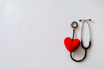 Stethoscope and red heart symbol on white background with empty space for a text 