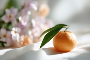 single mandarin with green leaf resting on pure white tablecloth illuminated by bright sunlight
