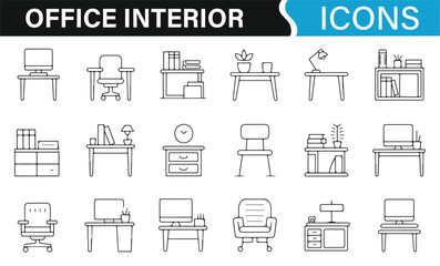 Home and Office Interior Icons Set for Work Environment Design
