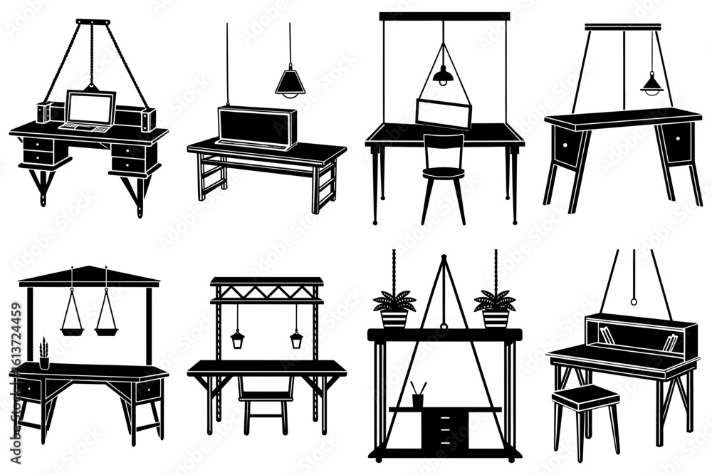 Poster collection of various styles of desks and tables with hanging lights and decorations in black and wh