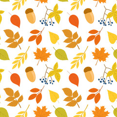 Seamless pattern with colorful autumn leaves, berries and acorns. Vector pattern of foliage, including maple, oak, birch, rowan, chestnut and acorns. Flat style.