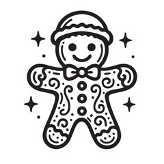 Gingerbread Man Illustration with Hat Bowtie and Swirls Isolated on White Background with Stars black