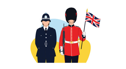 Iconic british symbols of law enforcement and royal guard with union jack flag illustration