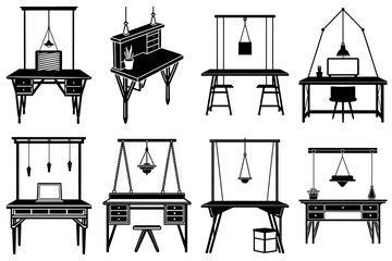 Fototapeta premium Collection of eight unique black and white desk illustrations with various hanging light fixtures above them